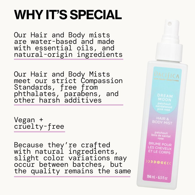 Pacifica Hair Perfume & Body Fragrance Spray Mist - Dream Moon with Vanilla, Almond & Spices – Alcohol-Free, Vegan & Cruelty-Free, 6.5 oz