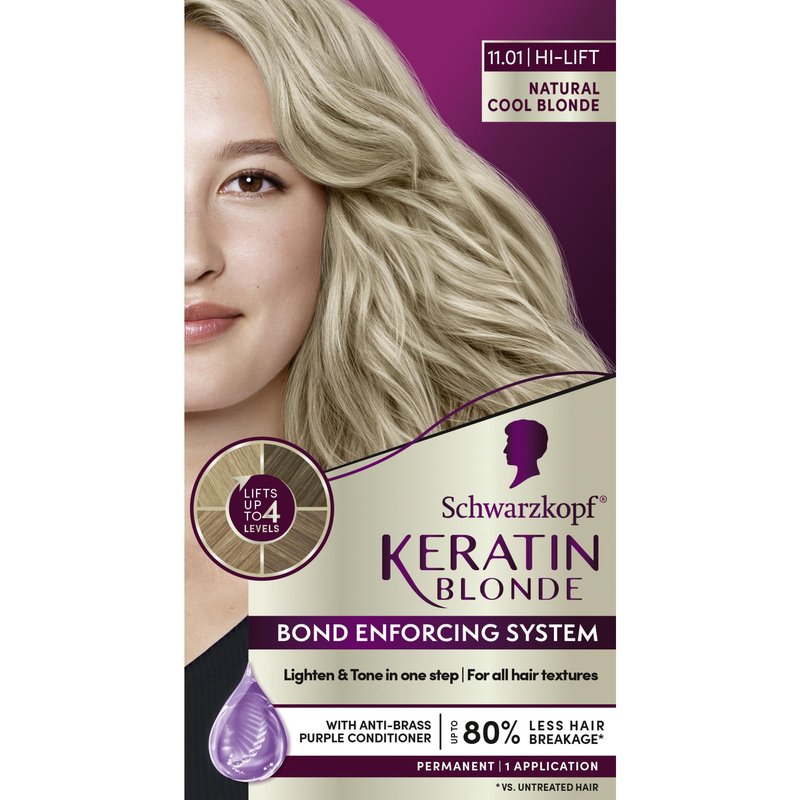 Schwarzkopf Keratin Blonde Hair Dye, 11.01 High Lift Natural Cool Blonde, Professional Quality Permanent Hair Color, Bond Enforcing System, Pre-Color Serum & Conditioner Included