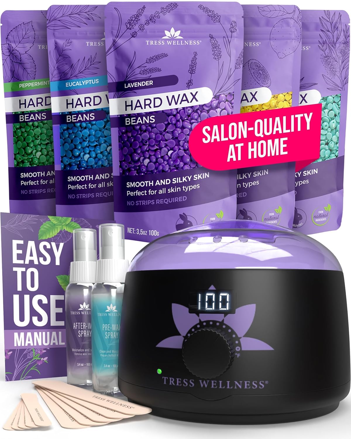 Tress Wellness Waxing Kit - Sensitive Skin Formula for Face & Body | Easy At-Home Use, Digital Display, Black Purple Flower