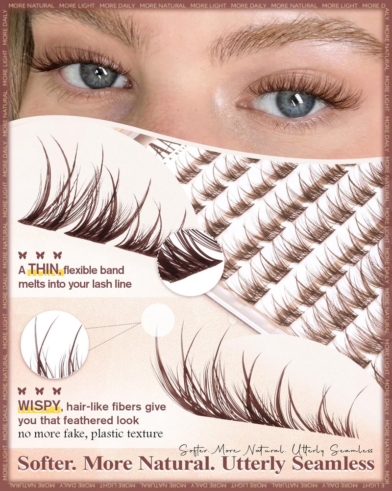 Natural Brown Lash Clusters - Wispy C Curl Individual Eyelash Extensions | 8-10-12mm Soft Thin Band