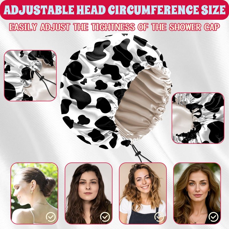 BHAHB Luxury Shower Cap Satin Lined Reusable Waterproof Double Layer Elastic Adjustable Hair Bath Cap Cute Aesthetic Women Girls-Cow Leopard
