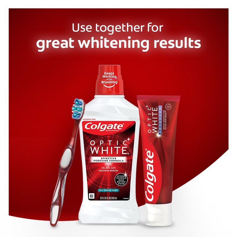 Colgate Optic White Advanced Teeth Whitening Mouthwash, 3 Pack, 2% Hydrogen Peroxide, Alcohol-Free and Enamel Safe, ICY Fresh Mint, 32 Oz