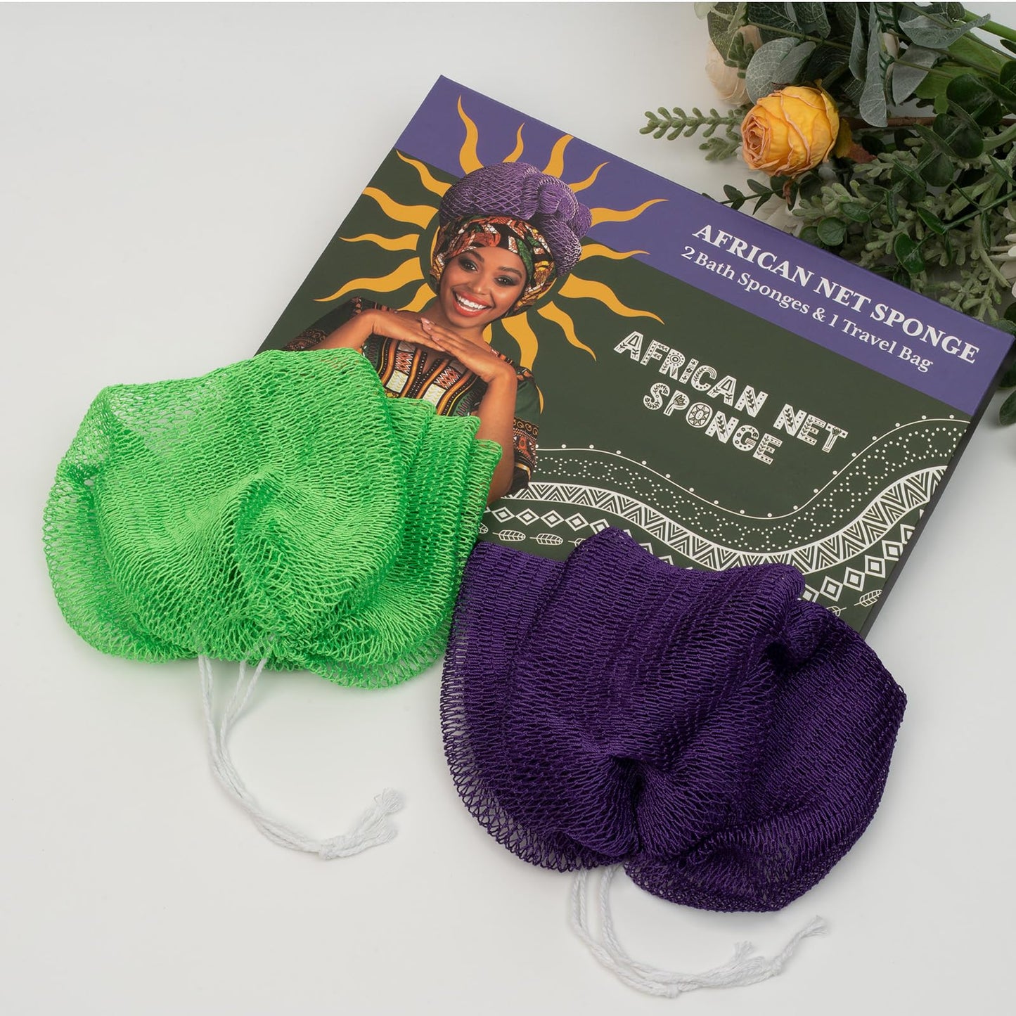 Bathway African Net Sponge Authentic with Handles (Set of 2), African Exfoliating Net Sponge, Exfoliating Body Scrubber Bath Sponge - Bathing Accessories with Storage Bag (Purple & Green)