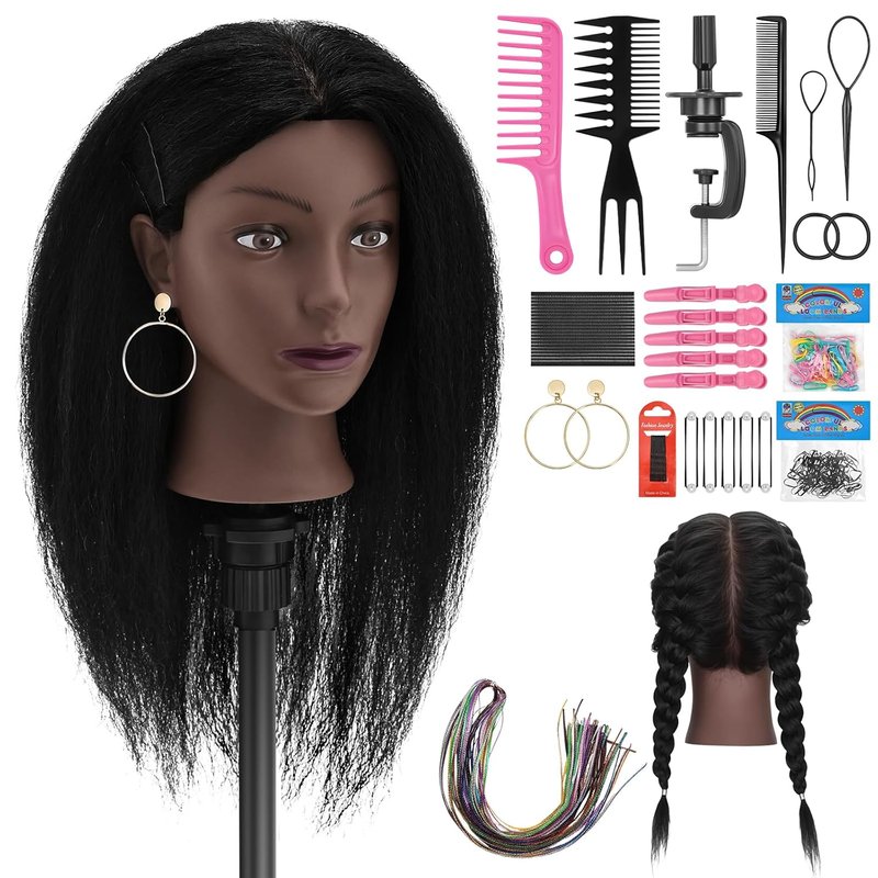 20"- 22" Mannequin Head with 100% Human Hair, Cosmetology Manikin Doll Head Real Human Hair Mannequin Head for Braiding Hairstylists Cosmetology Students Practice Styling with Free Clamp Holder