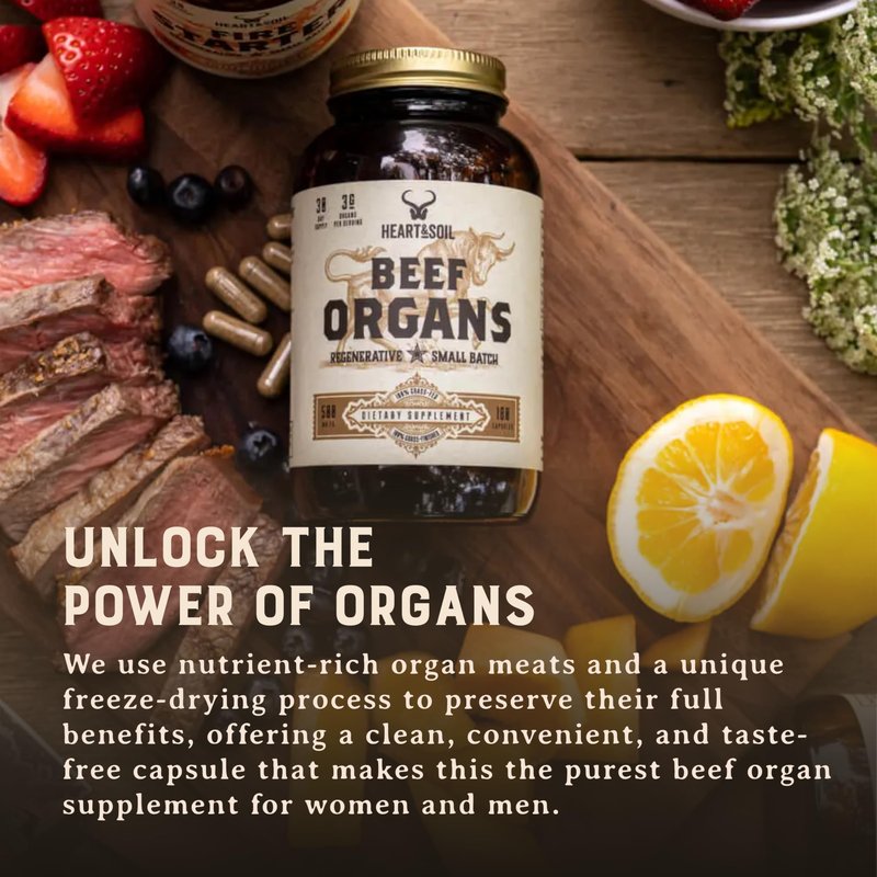 HEART & SOIL – 100% Grass Fed & Finished Beef Organs from Regenerative Cattle with Liver, Heart, Kidney, Pancreas & Spleen – 3000mg Beef Organ Supplement for Women & Men – Glass Bottle – 180 Capsules