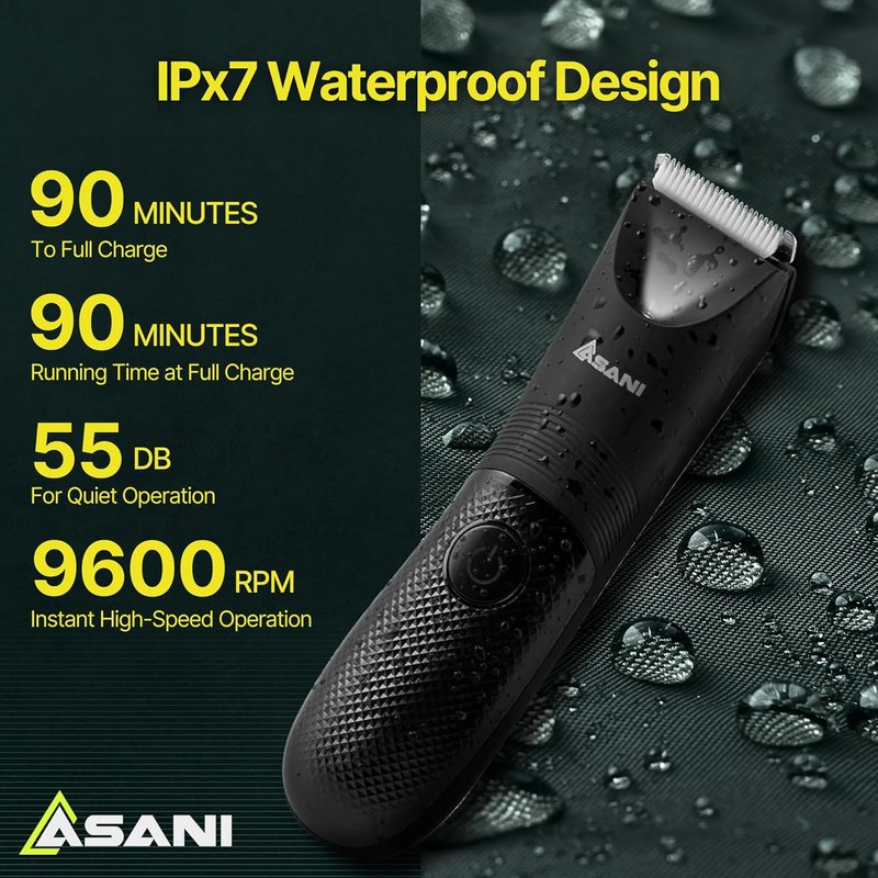 Asani Upkeeper Body Hair Trimmer - Rechargeable Electric Groomer with Nick-Free Blade & LED Light | IPX7 Waterproof for Groin & Legs