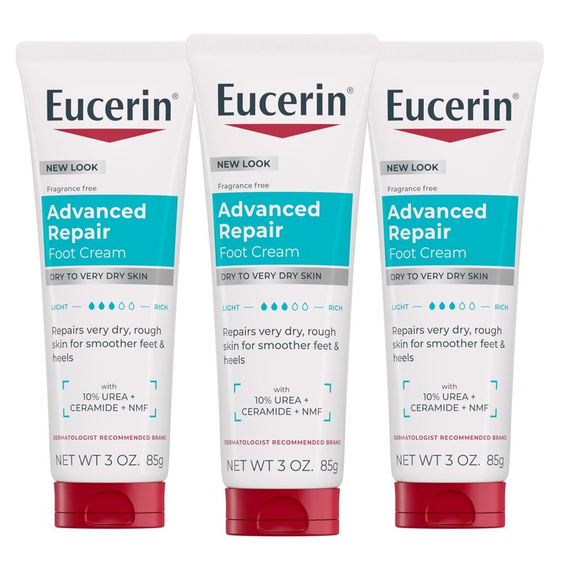 Eucerin Advanced Repair Foot Cream for Dry Feet and Heels, Repairs Very Dry, Rough Skin, Fragrance Free, Non Greasy, Fast Absorbing, Travel Size Lotion, 3 Oz Tube, Pack of 3