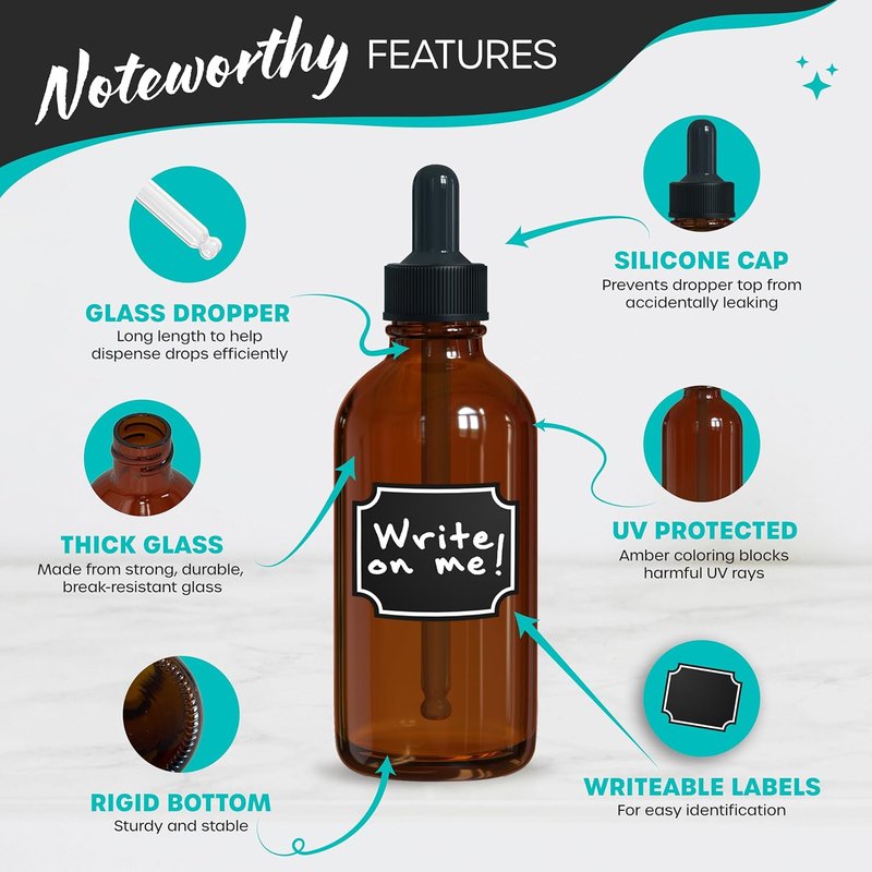 Amber Glass Dropper Bottles - 4 Oz Tincture Set with Droppers, Funnel, Brush & Labels | 48 Pack