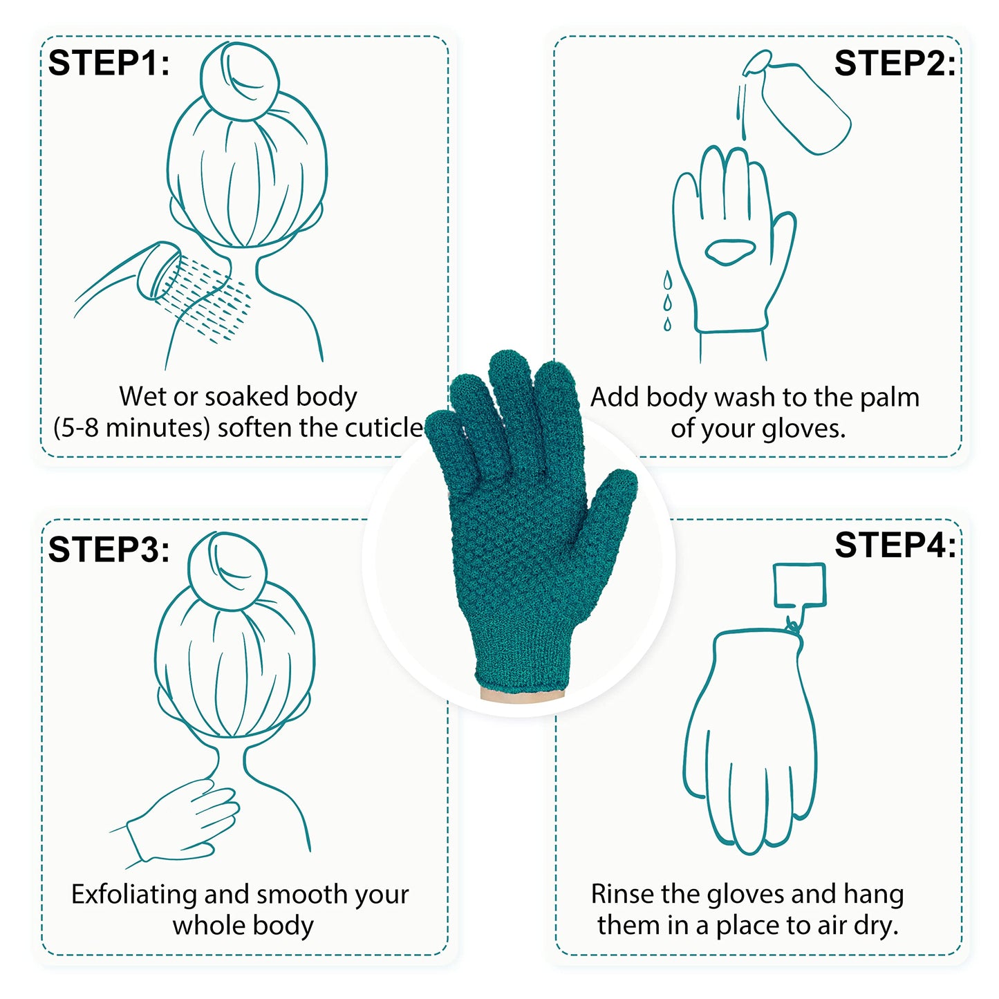 Evridwear Exfoliating Dual Texture Bath Gloves for Shower, Spa, Massage and Body Scrubs, Dead Skin Cell Remover, Gloves with Hanging Loop (1 Pair Deep Lake Heavy Glove)