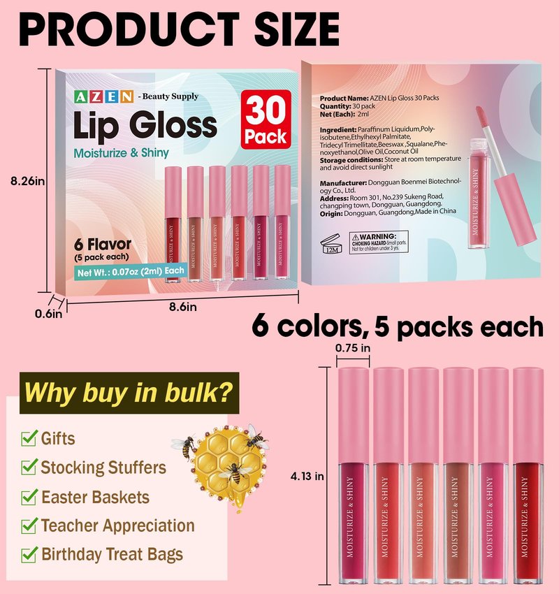 AZEN 30 Pack Lip Gloss Bulk Set, Shimmery Lip Gloss for Women and Girls With Rich Varied Colors, Mothers Day Gifts for Women