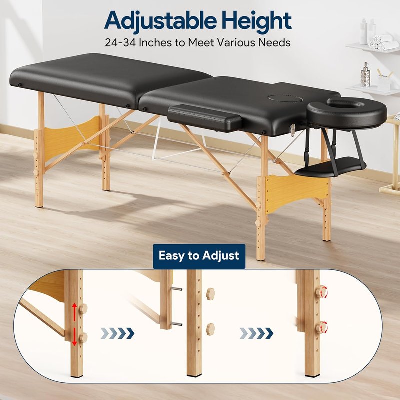 Brelley Portable Massage Table - Adjustable Height 24" Wide Foldable Spa & Tattoo Bed (Black)