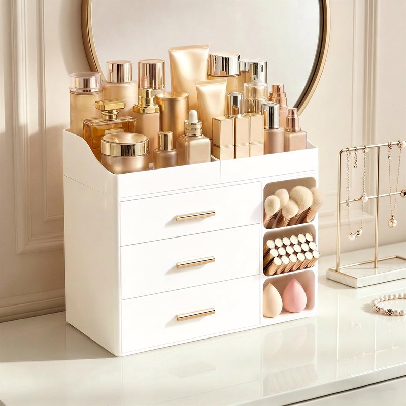 HBlife Makeup Organizer Countertop with Brush Holder,Large Bathroom Counter Organizer with Drawers,Skincare Organizers for Vanity,Plastic Dresser Organizer Storage Gift for Women Girl Mom,All White
