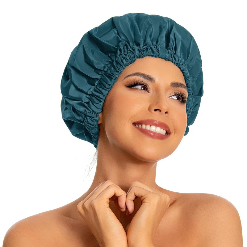 Reusable Shower Cap for Women - Large Waterproof Bonnet with Elastic Band | Washable Bath Hair Cap for Long, Curly Hair (Blue Zircon)
