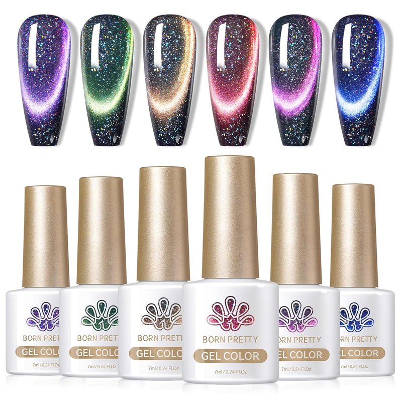 Born Pretty 9D Magnetic Gel Nail Polish Set - Holographic Reflective Glitter | 6 Colors, 7ML Each