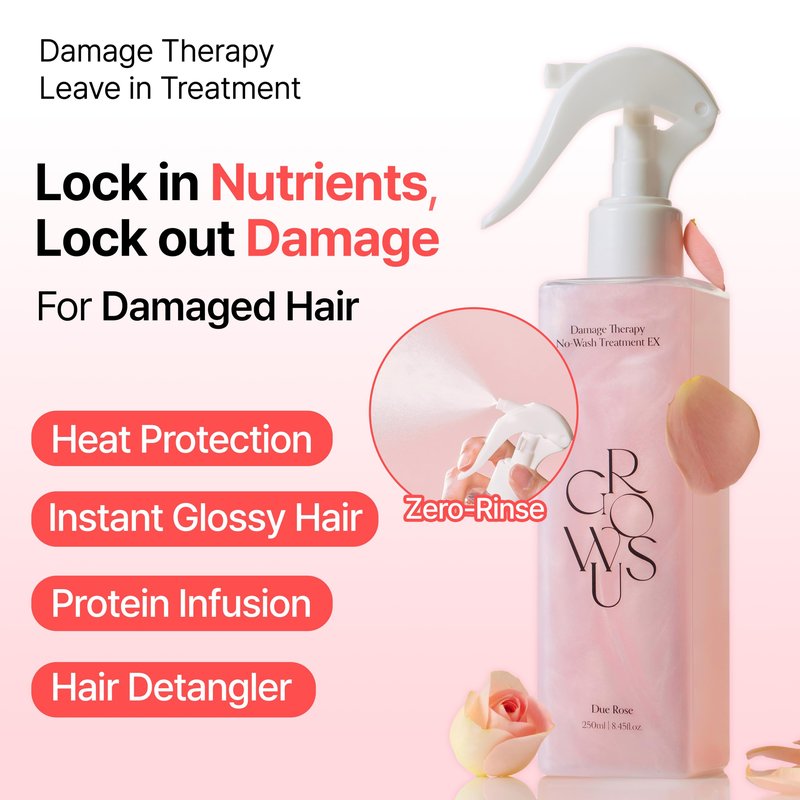 GROWUS Damage Therapy No-Wash Treatment - Leave-in Conditioner Spray & Heat Protectant for Dry Damaged Hair - Anti-Frizz Detangler with Pearl Protein, Softness & Radiant Shine, 8.45 fl.oz (Due Rose)