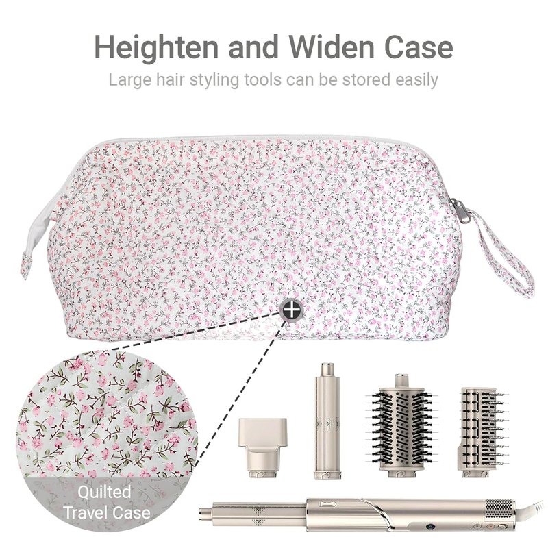 Quilted Hair Tools Travel Bag Compatible with Dyson Hair Dryer Airwrap, Floral Hair Tools Bag Compatible with Shark Flex Style Case, Hair Dryer, Curling Iron, Dustproof Travel Storage Organizer (Pink)