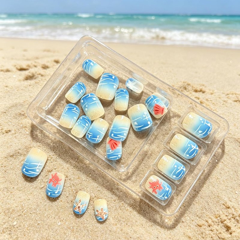 Skiennix Beach Press-On Nails - Short Square Blue Wave Glitter Design | 24 Pcs Reusable Summer Nails