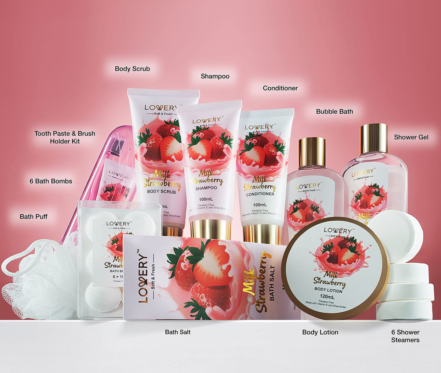 Home Spa Kit Birthday Gift Set – Strawberry Milk Bath Set, 25Pcs Shower Gel, Body Lotion, Shower Steamers, Shampoo, Tooth Paste & Brush in a Leather Tote Bag, Luxury Bath & Shower Package for Women