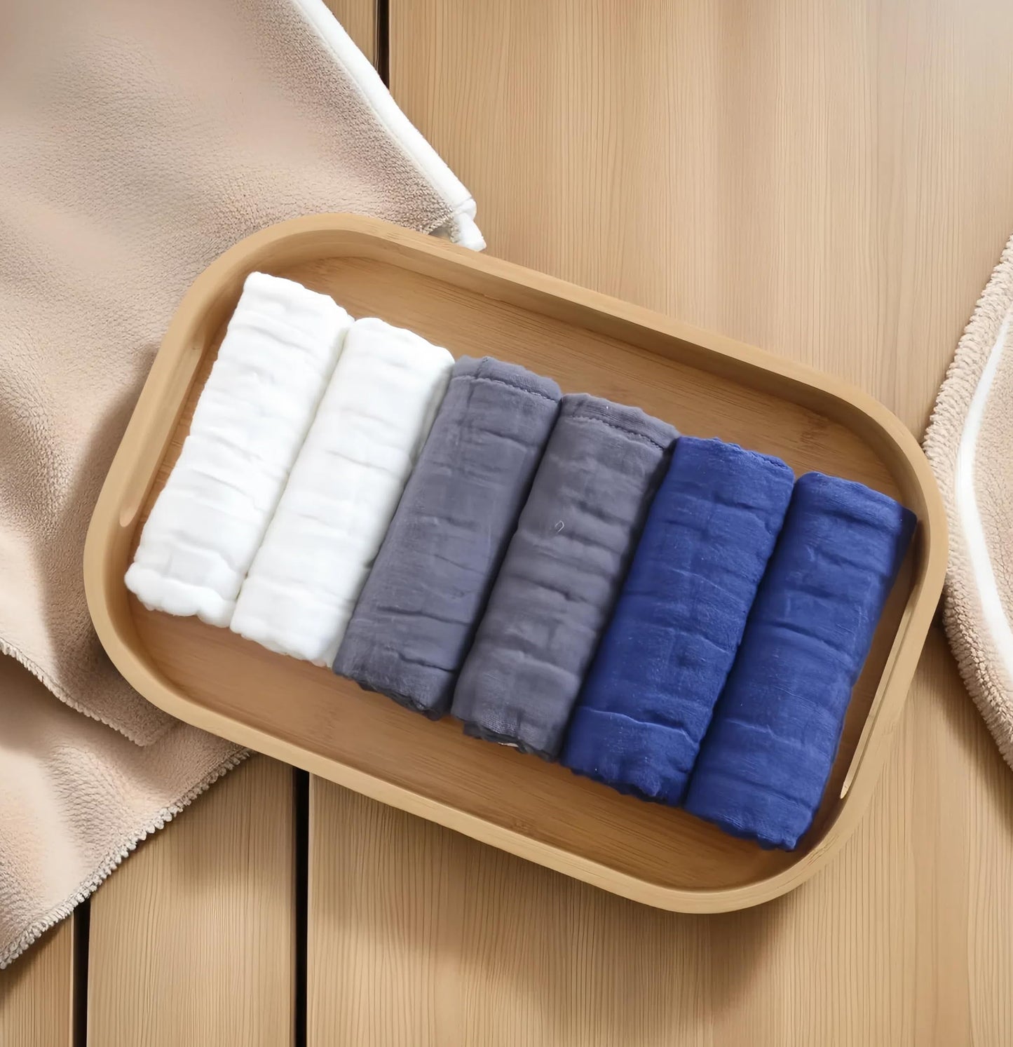 MUKIN Small Baby Washcloths, Soft Face Cloths, Newborn Absorbent Bath Wipes, Burp Cloths or Muslin Cotton Towels, Pack of 6, 12x12 inches (White,Dark Gray,Royal Blue)