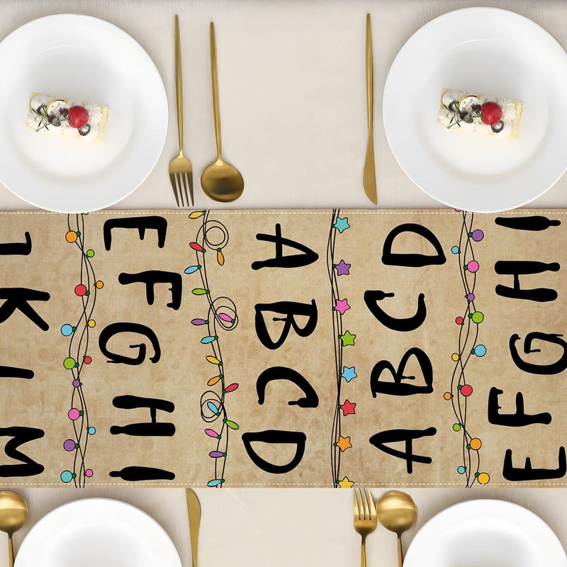 Heyfary Stranger Alphabet Table Runner Rustic Halloween Spooky Birthday Party Decorations Horror Home Kitchen Dining Room Island Decor (13" x 72")