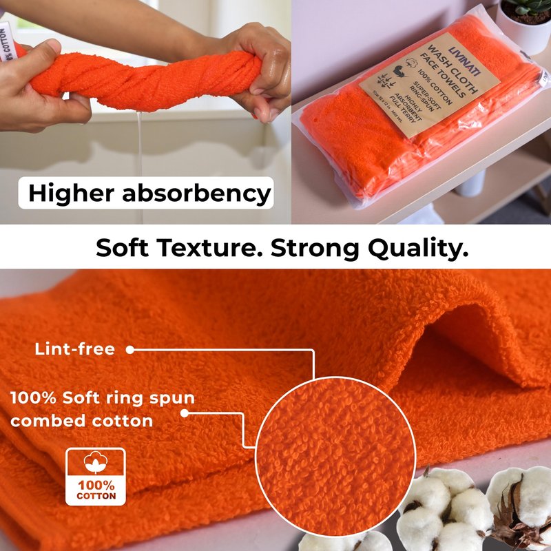 LIVINATI Orange 100% Cotton Wash Cloths for Showering Body and Face - 12"X12" 6 Pack Washcloths - Small Terry Towel Bath Rags for Adults and Kids Bathroom - Soft Absorbent