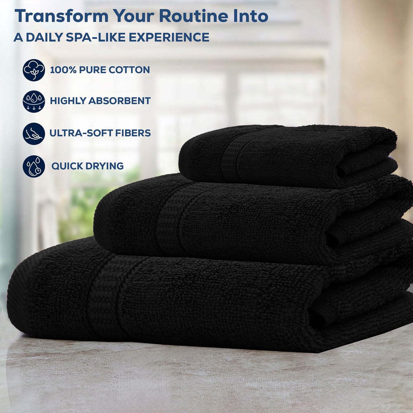 GOLD TEXTILES Premium Bath Towels Set (Pack of 4,27 x 54) 100% Ring-Spun Cotton Bathroom Towels for Hotel, Spa, Soft and Absorbent (27 x 54, Black - 4 Pcs)