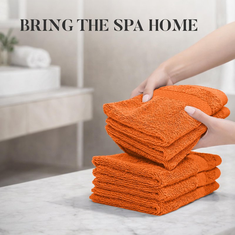 RIVERSIDE 12-Pack Premium 100% Cotton Orange Face Towels for Bathroom [12x12] - Reusable Luxury Face Wash Cloths for Showering - 550 GSM Super Soft & Absorbent Washcloths for Body, Spa & Gym