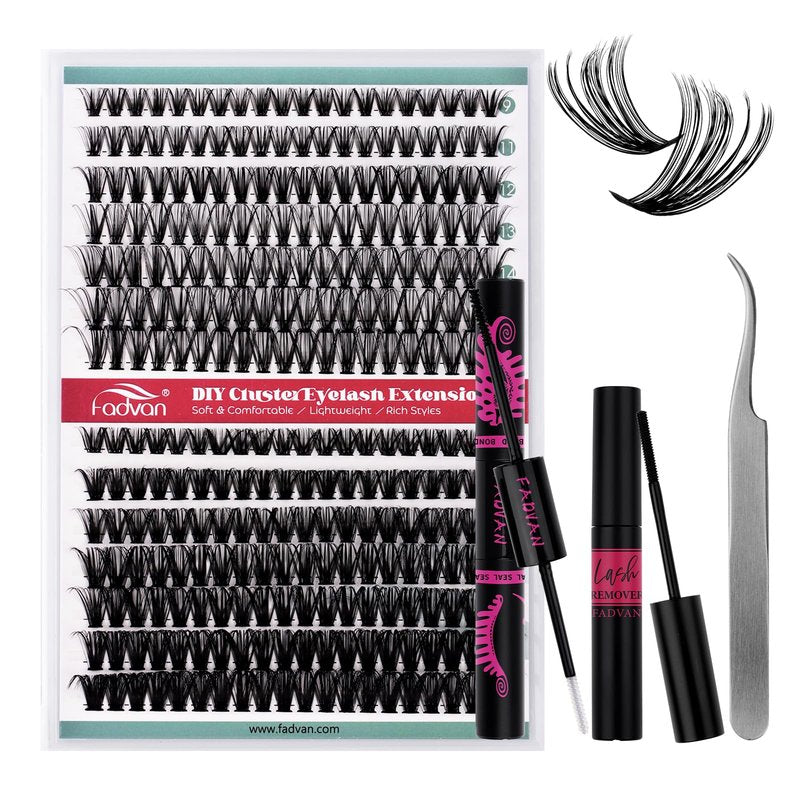 FADVAN Volume Lash Clusters Kit 280pcs DIY Eyelash Extension Kit D-curl Cluster Eyelash Extensions 40+50D Mixed Lash Kit with Eyelash Bond and Seal Remover Tweezers(40D+50D, 0.07D, 9-16mm)