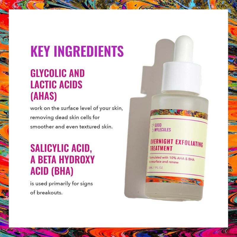 Good Molecules Overnight Exfoliating Treatment - AHA & BHA Face Exfoliator for Pore Minimizing | Lightweight Glycolic & Salicylic Acid Formula