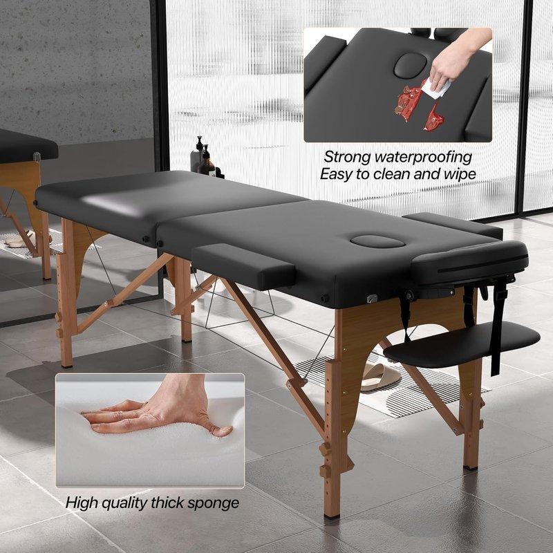 Portable Massage Table - 2 Section Foldable Tattoo Bed | Height Adjustable Lash Spa Bed with Face Cradle - Black
