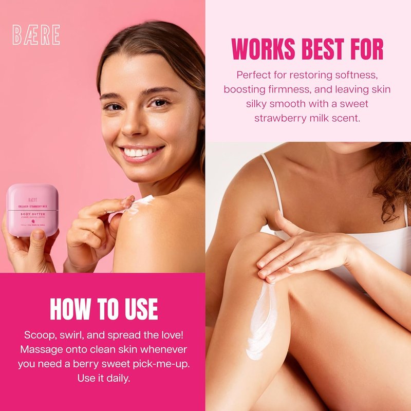 Skiennix Collagen Body Butter - Anti-Aging Strawberry Milk Formula for Soft, Dewy Skin - 7 Fl Oz