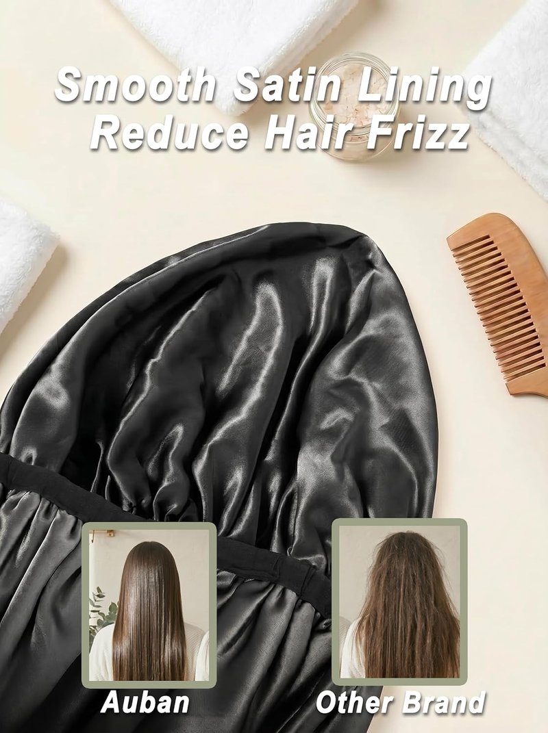 Auban Extra Large Shower Cap - Double-Layer Waterproof Bonnet for Thick, Long Hair | Black Satin Lining