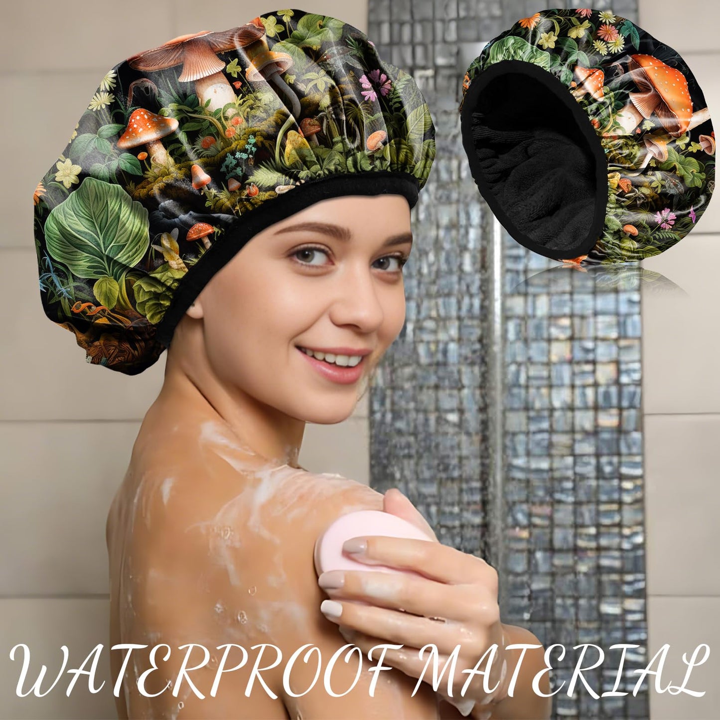 Zewurtuw Luxury Shower Cap Terry Cloth Lined EVA Waterproof Reusable Triple Layer Elastic Hair Bath Caps for Women Girls Cute (C5-Mushroom)