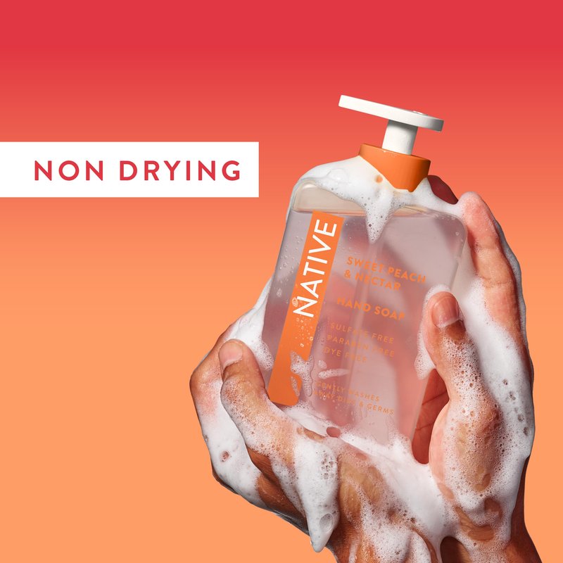 Native Liquid Hand Soap, Sweet Peach & Nectar Scent, Non-Drying Formula for Soft, Smooth Hands, Made with Plant-Based Cleansers, Sulfate & Paraben Free, 13 oz Bottle