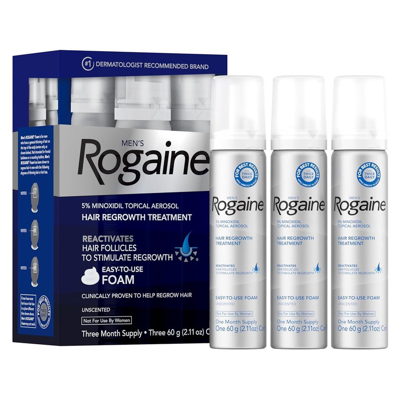 Men’s Rogaine 5% Minoxidil Foam - Clinically Proven Hair Regrowth Treatment | Unscented, 3-Month Supply, 3 x 2.11 oz