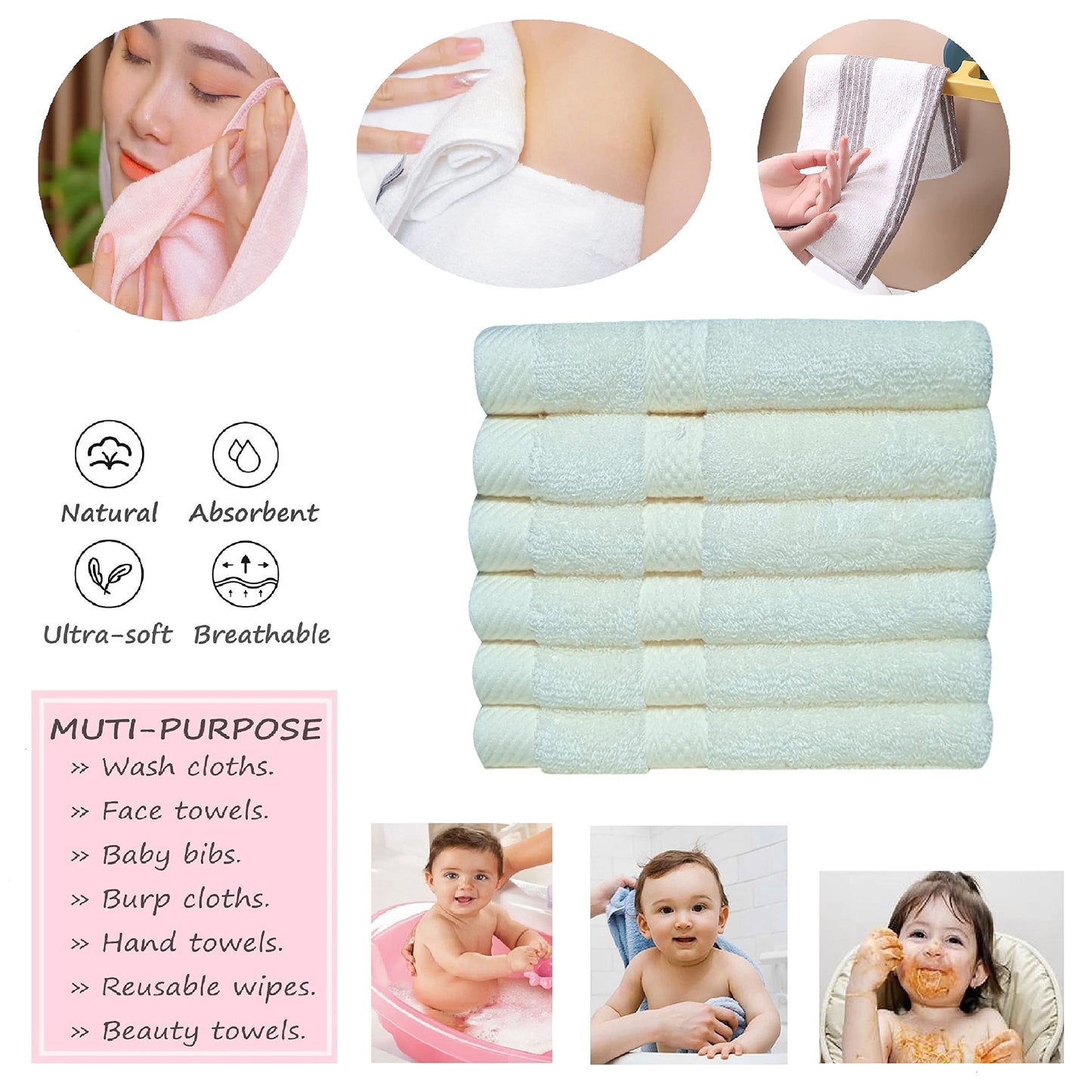 Mother-Earth 6-Pack Bath Washcloths 12"x12" - Soft and Absorbent Face Towels, Quick-Drying Wash Cloths for Sensitive Skin, Premium Quality for Daily Use (Cream)