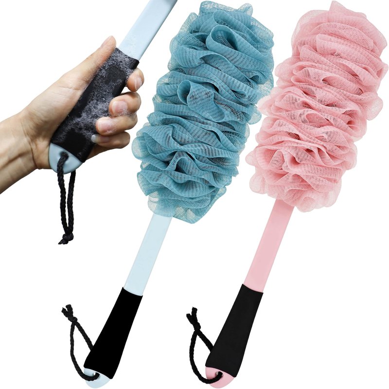 2Pack Back Scrubber for Shower, Loofah with Handle, Back Loofah Non-Slip Handle, Bath Body Brush, Scrub Cleaning Brush for Shower, Soft Mesh Sponge On a Stick for Men Women Elderly (Pink and Blue)
