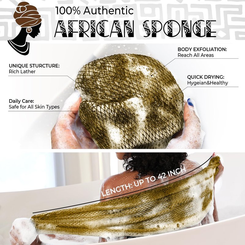 African Net Sponge Black and AntiGolden - 2 Pieces Authentic African Bath Sponges with Knots - Exfoliating Body Scrubber for Men - Back Scrub Exfoliator for Shower Bathroom Accessories