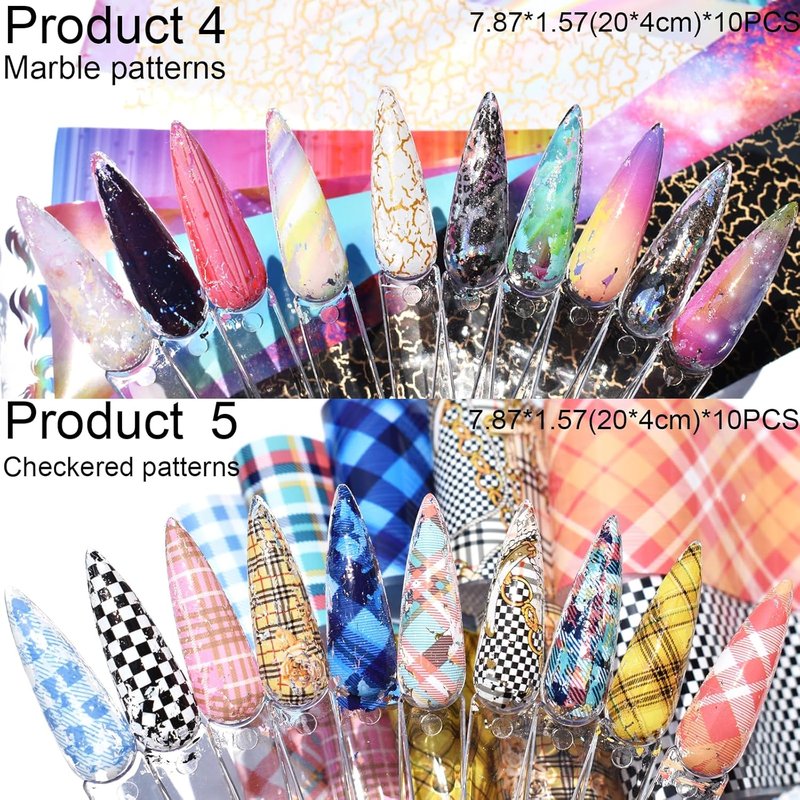 Nail Art Transfer Foils - 60 Mixed Designs with Dried Flowers, Iridescent & Marble | Includes Engraving Pen 7.87 x 1.57 Inches