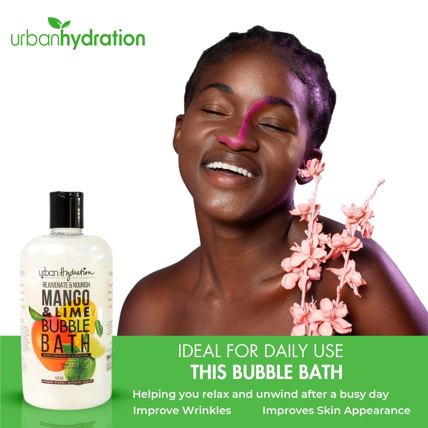 Urban Hydration Mango & Lime Bubble Bath, Foaming Bath Soak with Mango Seed Butter & Citrus Extracts, Natural Bubble Bath for Men & Women, Sulfate Free & Ideal for All Skin Types - 16.9 FL Oz