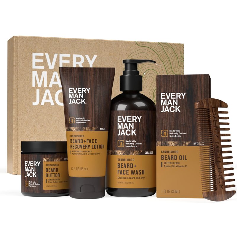 Every Man Jack Beard Essentials Gift Set for Men – Complete Routine with 5 Full-Size Essentials – Sandalwood Scent - Beard & Face Wash, Lotion, Oil, Butter & Comb