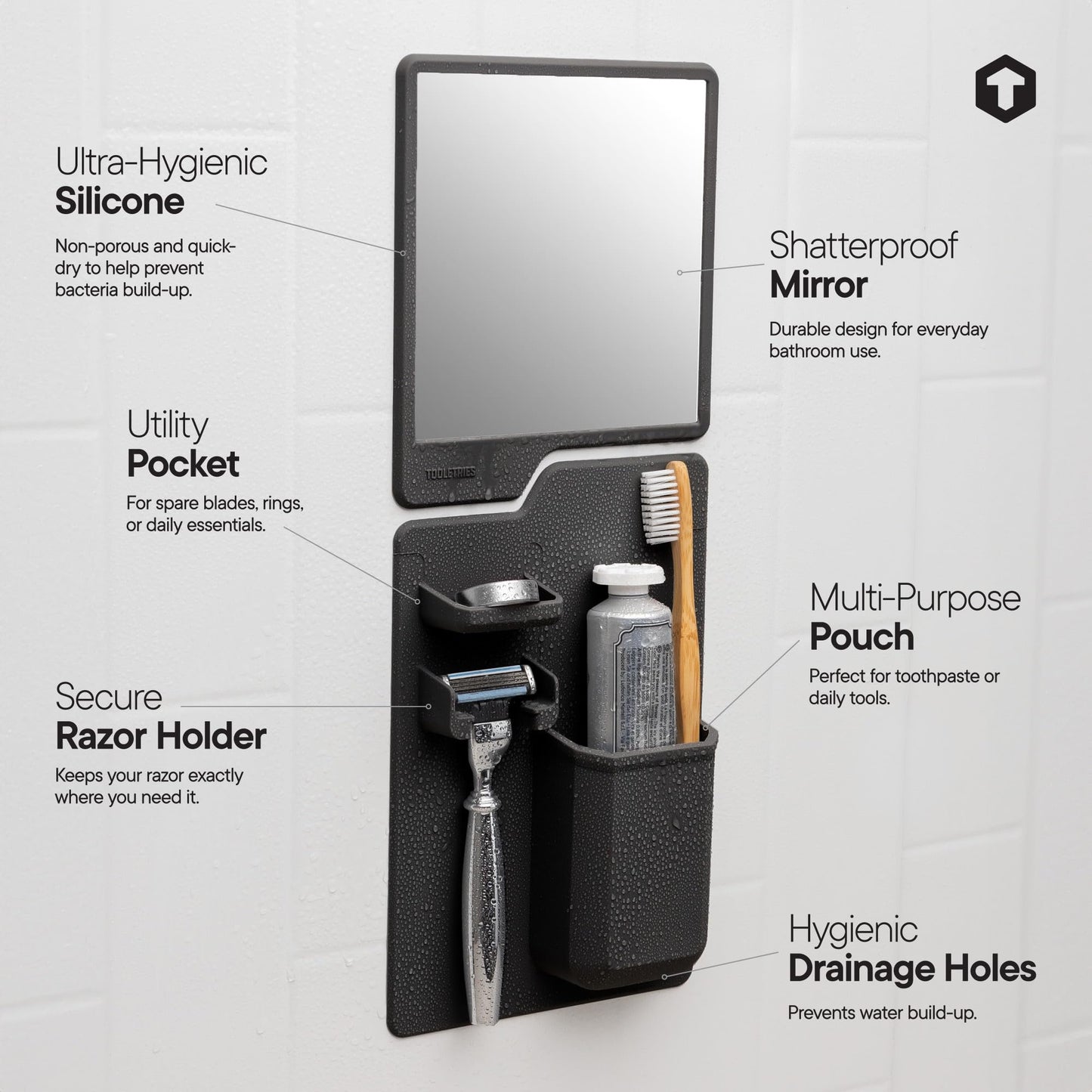 TOOLETRIES The Harvey & Oliver Set, Silicone Wall Mounted Bath & Shower Organizer with Clear-View Shatterproof Grooming & Shaving Mirror, Easy Installation, Removable & Reusable - Charcoal