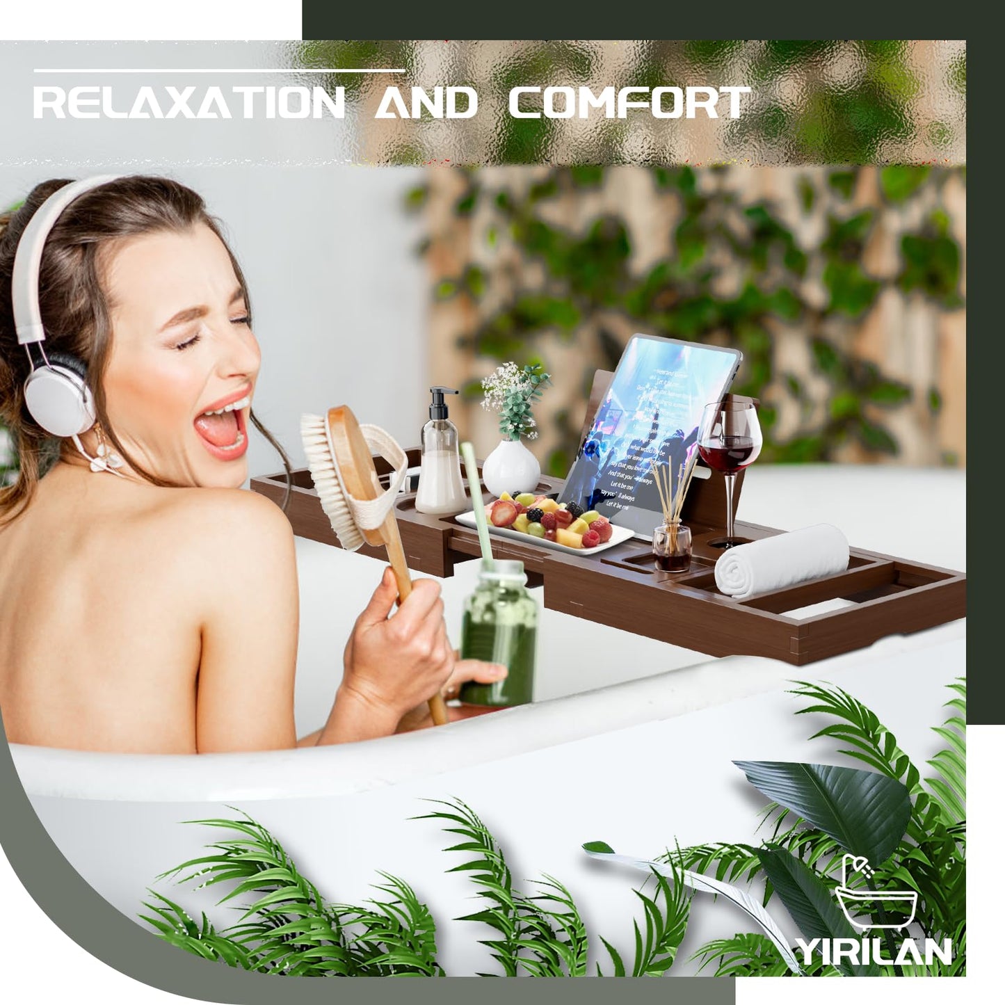 Yirilan Bathtub Trays for Tub,Bath Tray, Foldable Bathtub Caddy,Brown