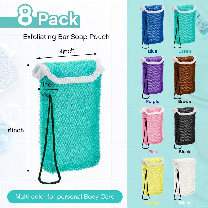 8 Pcs Soap Saver Pouch Body Scrubber Exfoliator and Holder Loofah Savers for Bar Wash Soap Bag with Rope Exfoliating Sponge for Bath Shower Travel Face Hand Women, 8 Colors