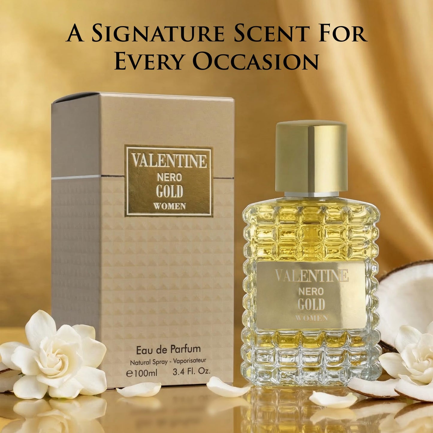 URBAN COLLECTION Valentine Nero Gold Perfume for Women, Tropical Coconut Vanilla Fragrance for Her, Sweet Creamy Gourmand Eau de Parfum with Warm Notes, Long Lasting Luxury Scent, 3.4 oz / 100ml