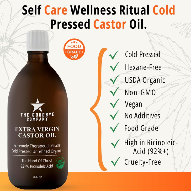 Goodbye Company USDA Organic Food Grade Cold-Pressed Castor Oil - 8.5 oz Glass Bottle, Hexane-Free, Extra Virgin, Small Batch Family Farm Ethically Sourced for Hair Growth, Digestion, Lashes, Brows