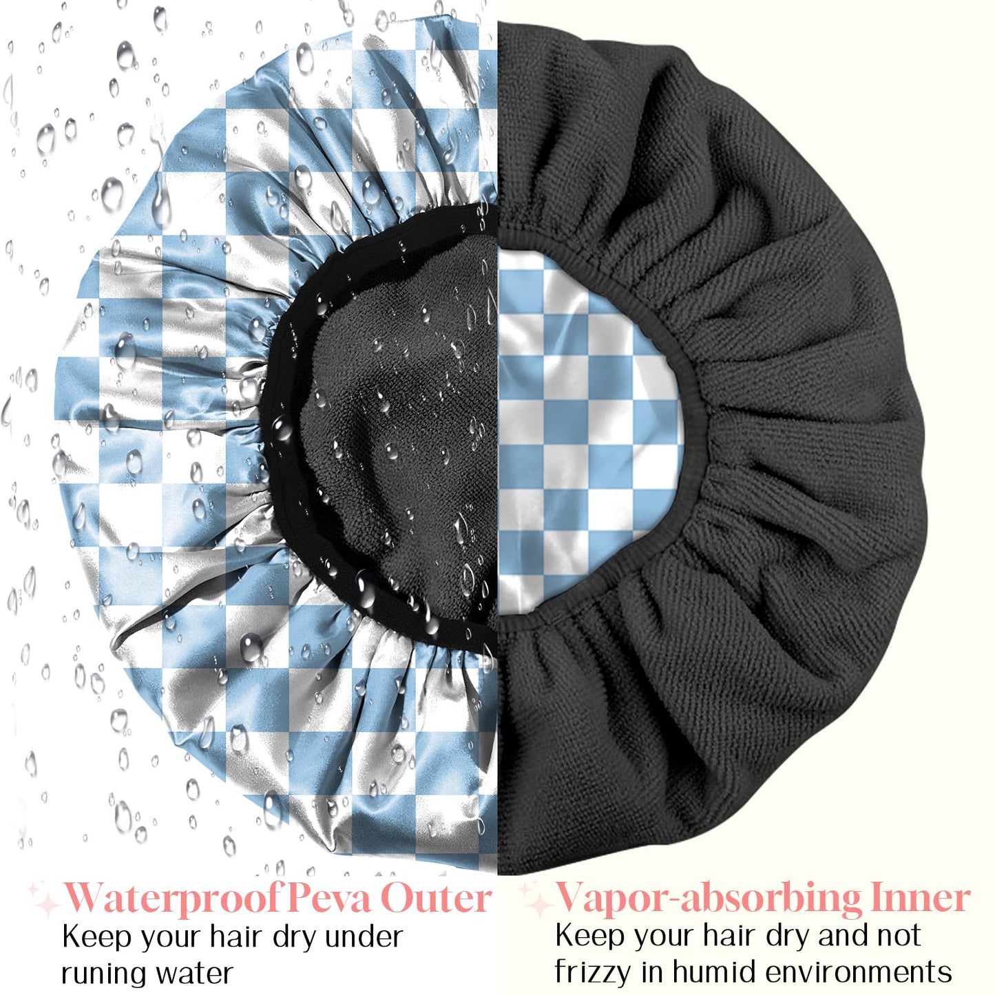 Zewurtuw Luxury Shower Cap Terry Cloth Lined EVA Waterproof Reusable Triple Layer Elastic Hair Bath Caps for Women Girls Cute-Cat Flower
