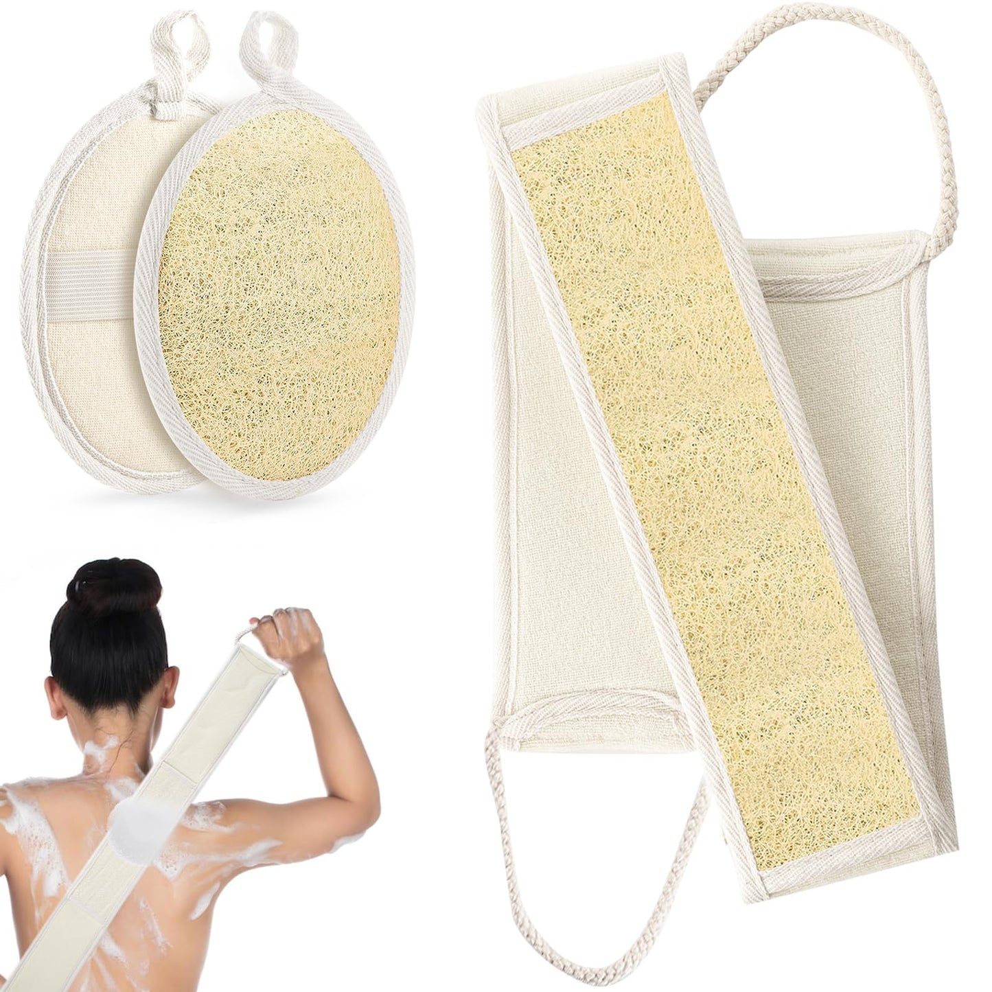 Natural Loofah Back Scrubber for Shower, Exfoliating Body Scrubber Loofah Set for Women and Men for Use in Shower Bath, Loofah Sponge to Clean Your Body and Back Deeply - 1 Count (Pack of 2)