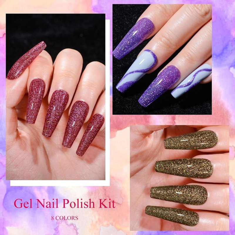 Reflective Glitter Gel Nail Polish Set - 8 Colors for DIY Manicure | UV/LED Soak Off, Pink, Purple, Blue