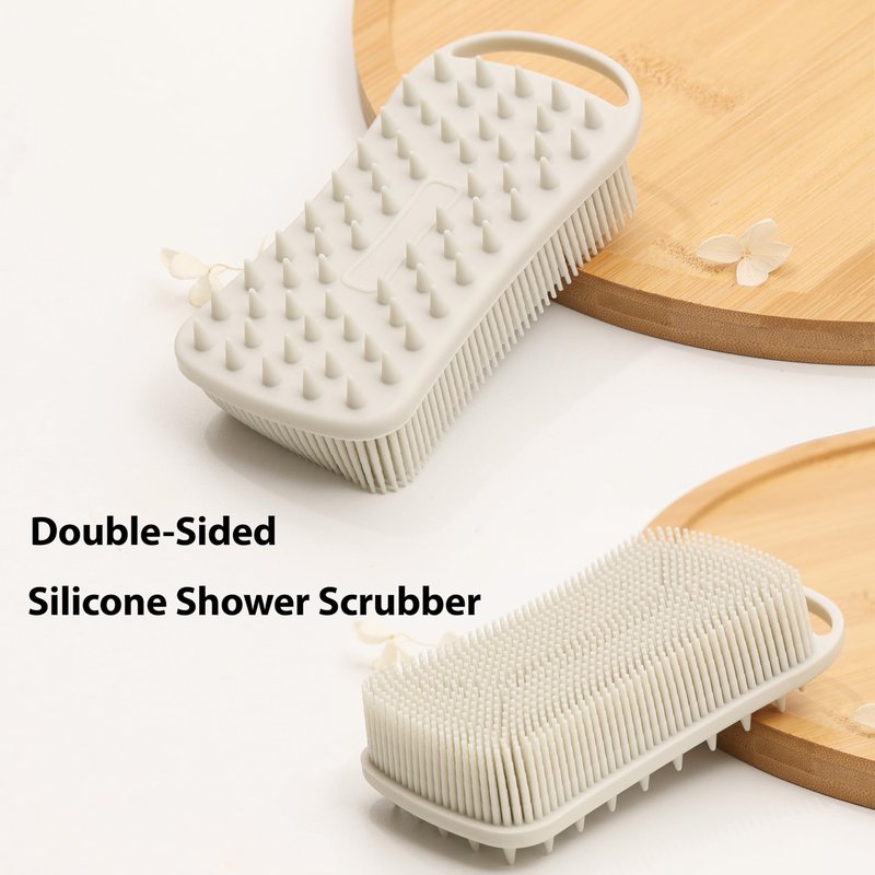 2 PC Silicone Body Scrubber, 2 in 1 Exfoliating Shower Bath Scrubber, Soft Silicone Loofah for Sensitive Skin, Shower Hair Scalp Massager, Easy to Clean, Lather Well (Grey&Blue)